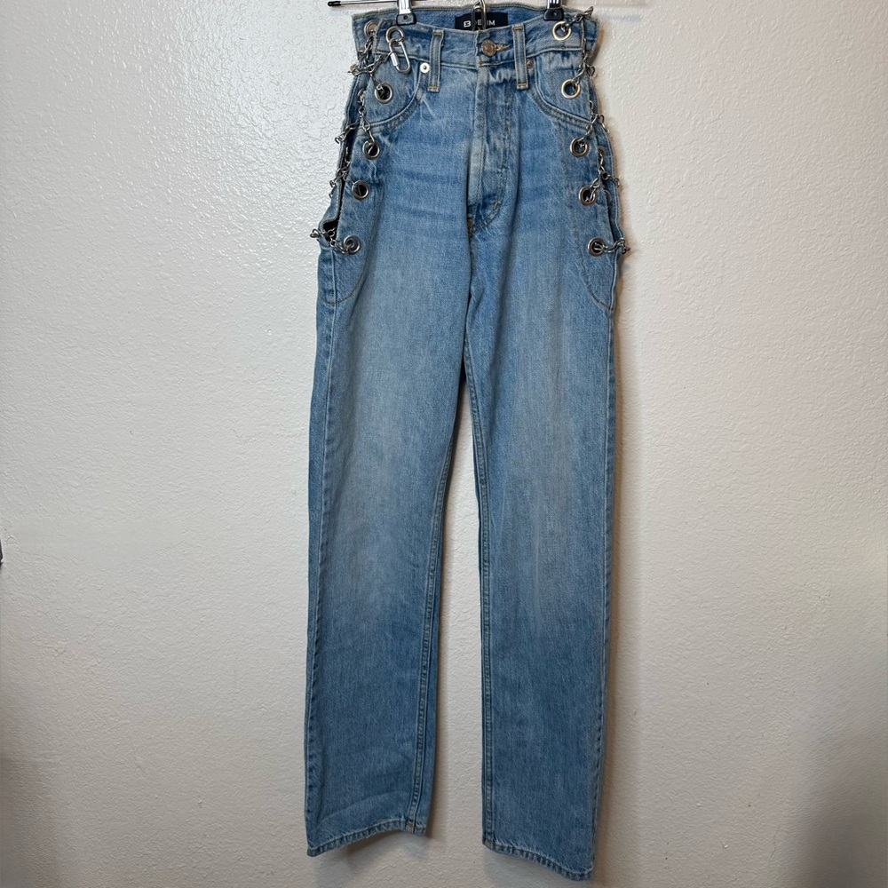 EB Denim Light Blue High Waist Chain Detail Straight Leg Jeans Size XXS